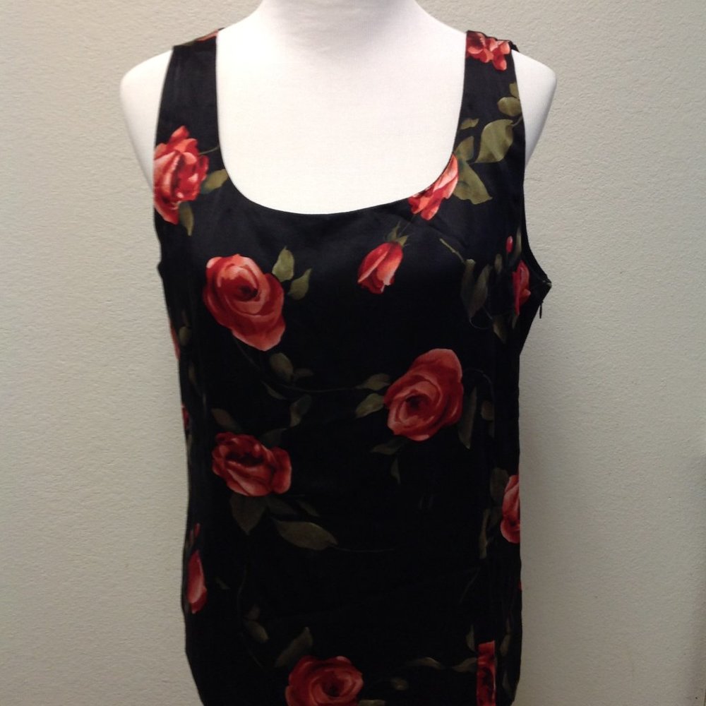 Valerie Stevens Collection 100% Silk Red Rose Black Tank Top Shell Blouse Size 1